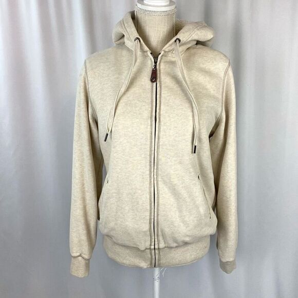 Green Tea Sweatshirt Zip-up Cream Jacket Lined Faux Fur Hooded Women’s Medium Co - Picture 4 of 10